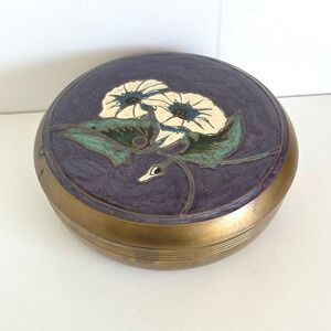 Vintage Brass Enamel Trinket Box Floral Morning Glory Purple Gold